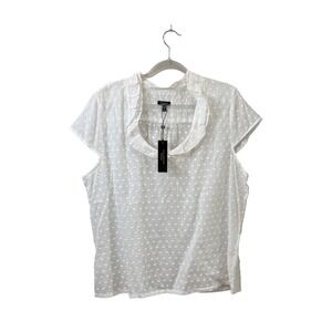 Talbots Womens XL White Swiss Dot Ruffle Neck Cotton Short Sleeve Blouse NWT
